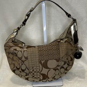 Coach Vintage Patchwork Signature Hobo Shoulder Bag Brown Tan Leather Trim Charm